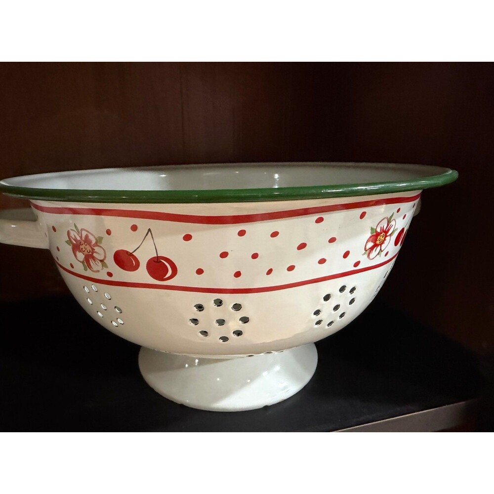 Vintage-Style Cherry Enamelware Colander & Catch Bowl Set 12” Farmhouse Décor